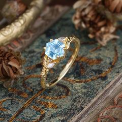 Nature-Inspired 4 - Prong Hexagon - Cut Aquamarine Ring