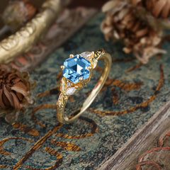 Nature-Inspired 4 - Prong Hexagon - Cut Aquamarine Ring