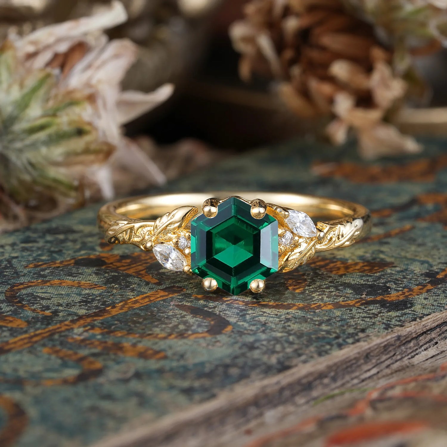 Nature-Inspired 4 - Prong Kite - Cut Natural Emerald Engagement Ring