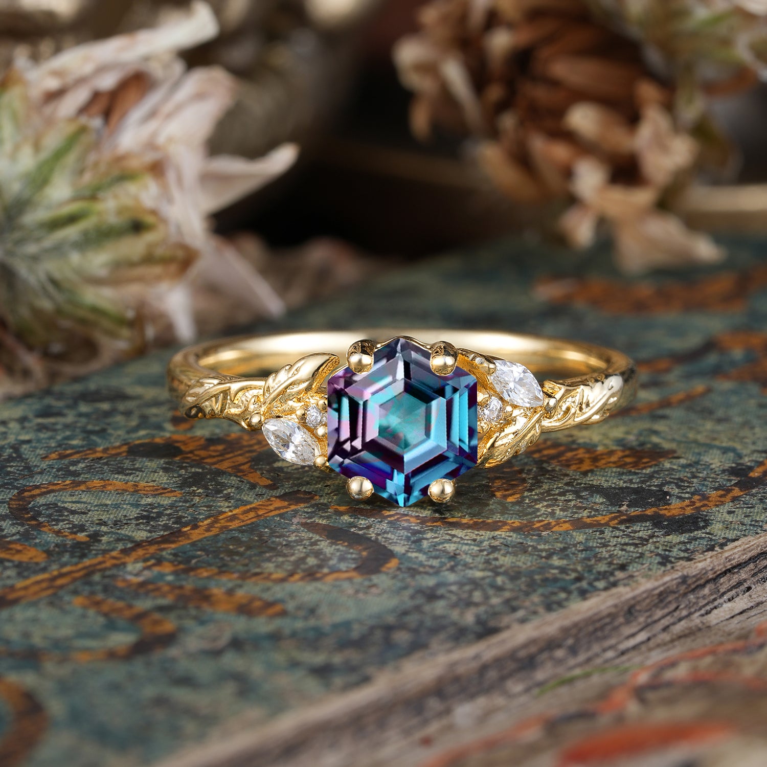 Nature-Inspired 4 - Prong Hexagon - Cut Alexandrite Engagement Ring