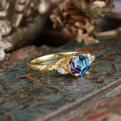 Nature-Inspired 4 - Prong Hexagon - Cut Alexandrite Ring