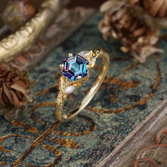 Nature-Inspired 4 - Prong Hexagon - Cut Alexandrite Ring