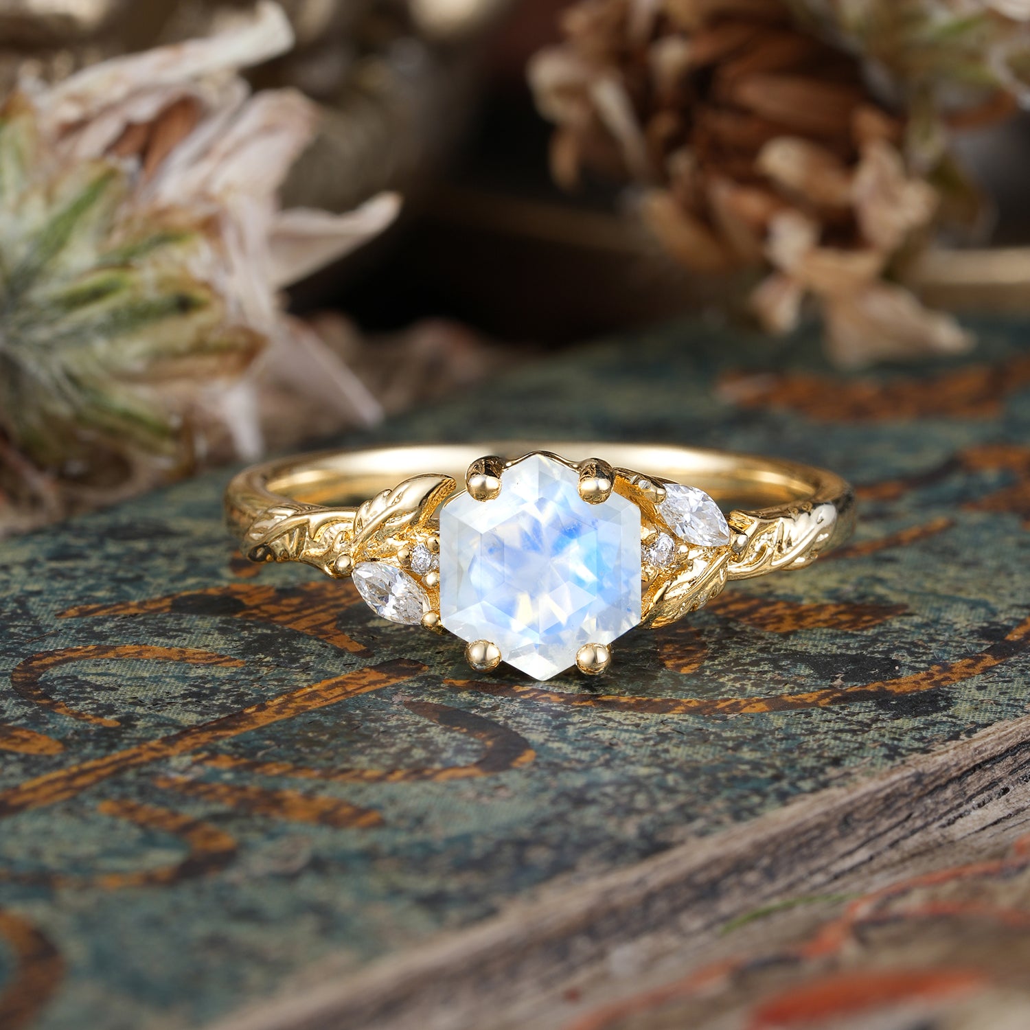 Nature-Inspired 4 - Prong Hexagon - Cut Moonstone Engagement Ring
