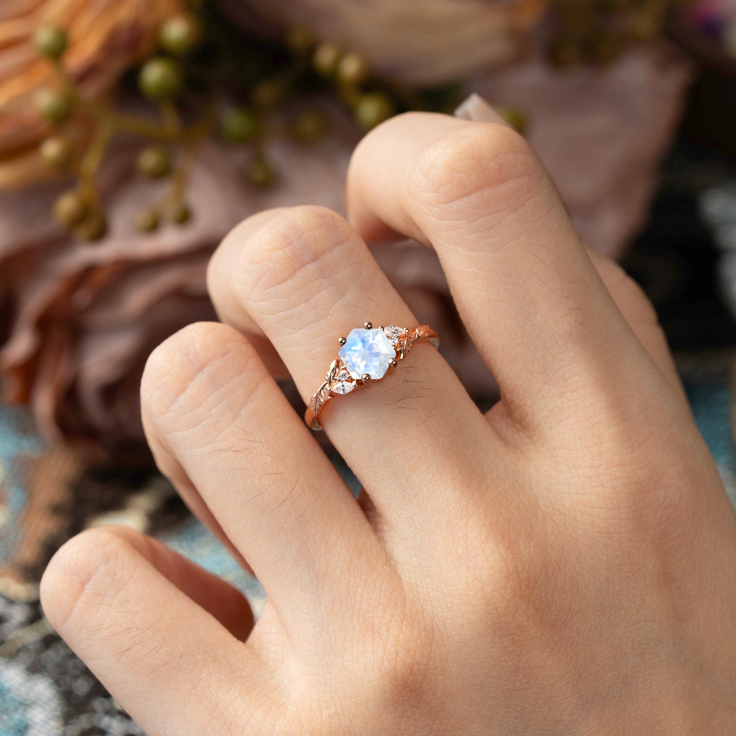 Nature-Inspired 4 - Prong Hexagon - Cut Moonstone Engagement Ring
