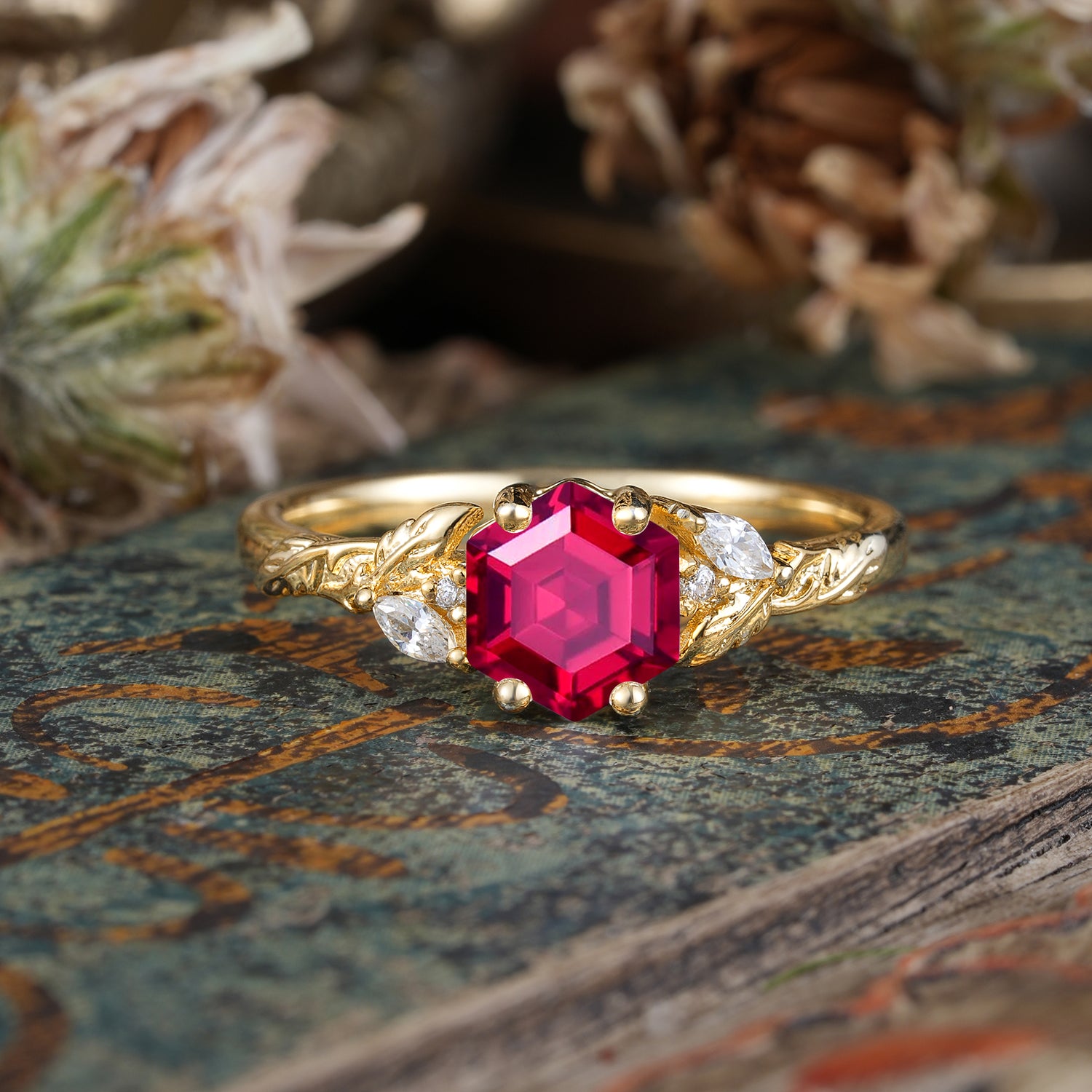 Nature-Inspired 4 - Prong Kite - Cut Natural Ruby Engagement Ring
