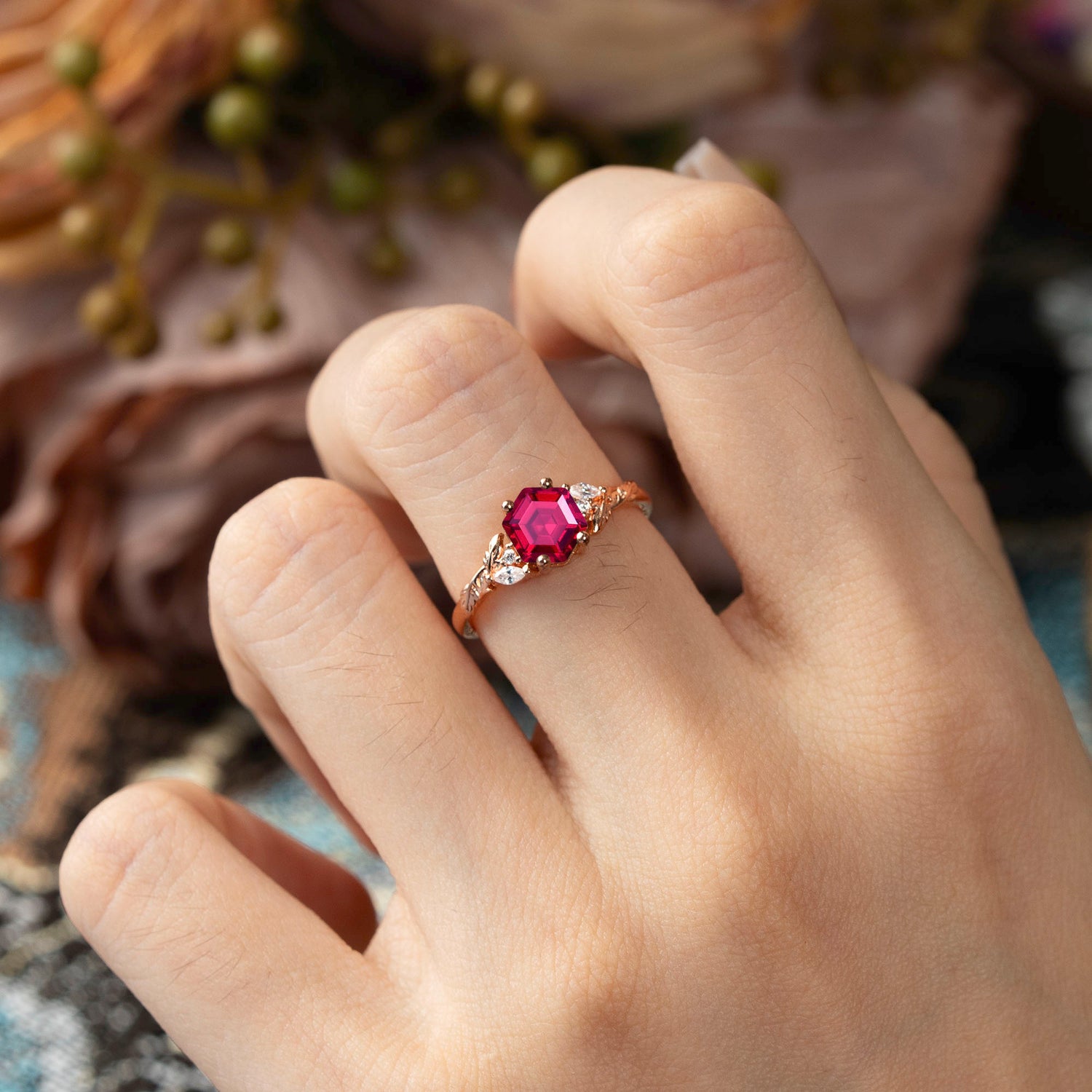 Nature-Inspired 4 - Prong Kite - Cut Natural Ruby Engagement Ring