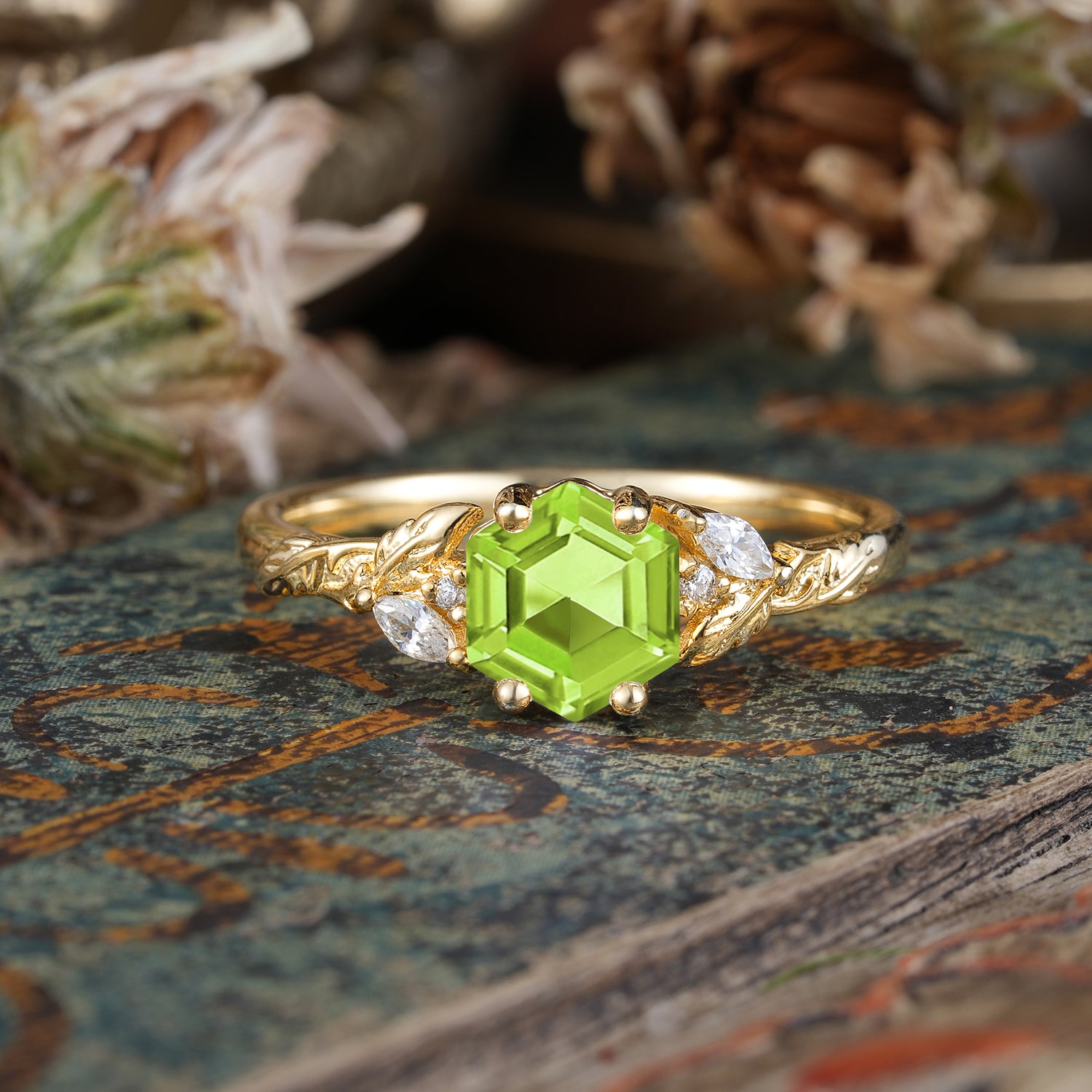 Nature-Inspired 4 - Prong Hexagon - Cut Peridot Engagement Ring