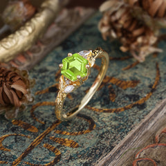 Nature-Inspired 4 - Prong Hexagon - Cut Peridot Ring