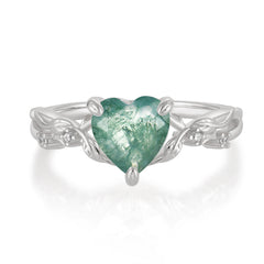 Classic Nature-Inspired 3-Prong Heart-Shaped Natural Moss Agate Engagement Ring