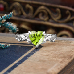 Classic Nature-Inspired 3-Prong Heart-Shaped Peridot Engagement Ring