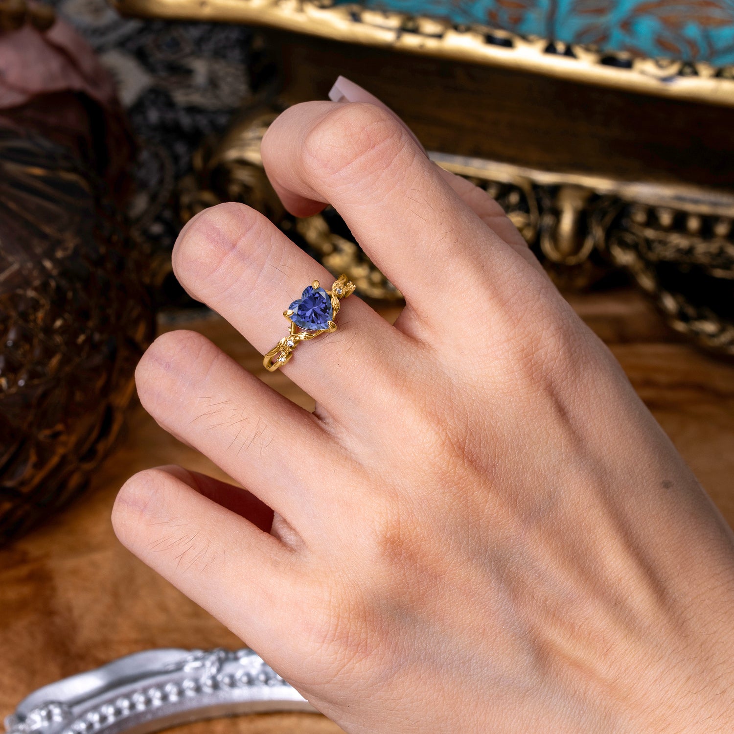 Classic Nature-Inspired 3-Prong Heart-Shaped Tanzanite Engagement Ring - Romalar Jewelry