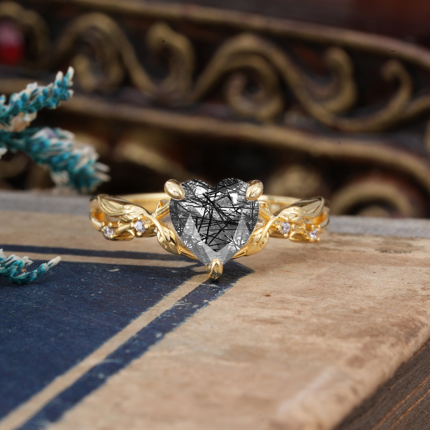 Classic Nature-Inspired 3-Prong Heart-Shaped Natural Black Rutilated Quartz Engagement Ring