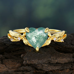 Classic Nature-Inspired 3-Prong Heart-Shaped Natural Moss Agate Engagement Ring