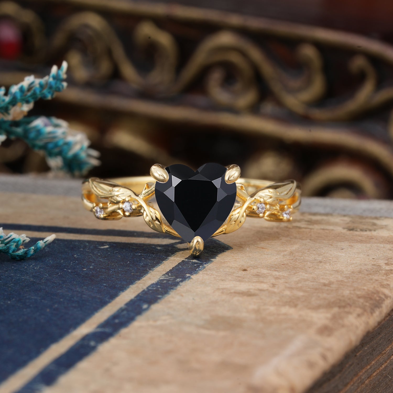 Classic Nature-Inspired 3-Prong Heart-Shaped Black Onyx Engagement Ring - Romalar Jewelry