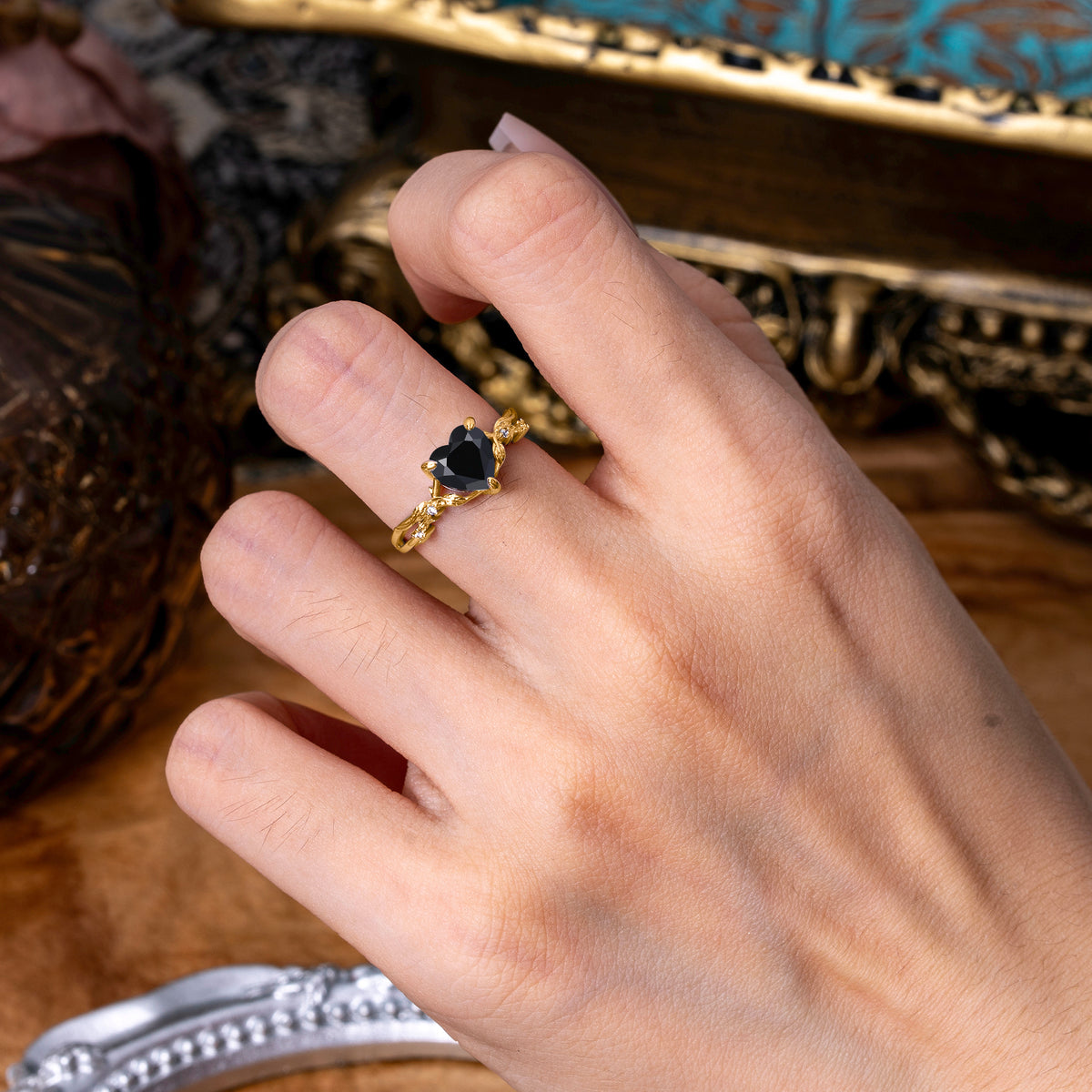 Classic Nature-Inspired 3-Prong Heart-Shaped Black Onyx Engagement Ring - Romalar Jewelry