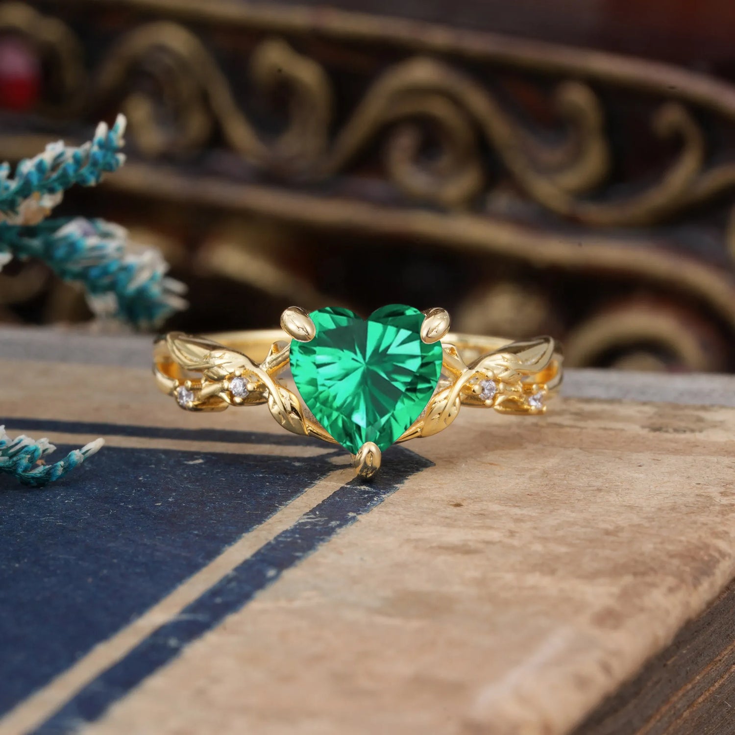 Classic Nature-Inspired 3-Prong Heart-Shaped Emerald Engagement Ring - Romalar Jewelry
