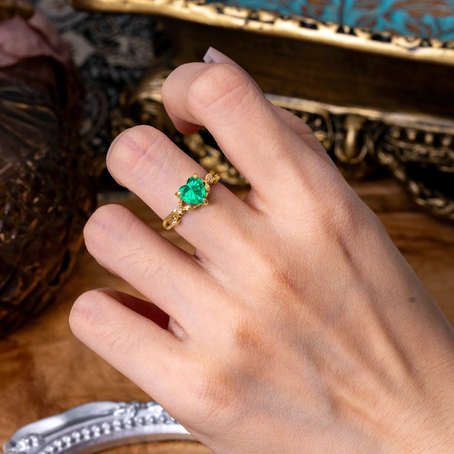Classic Nature-Inspired 3-Prong Heart-Shaped Emerald Engagement Ring - Romalar Jewelry