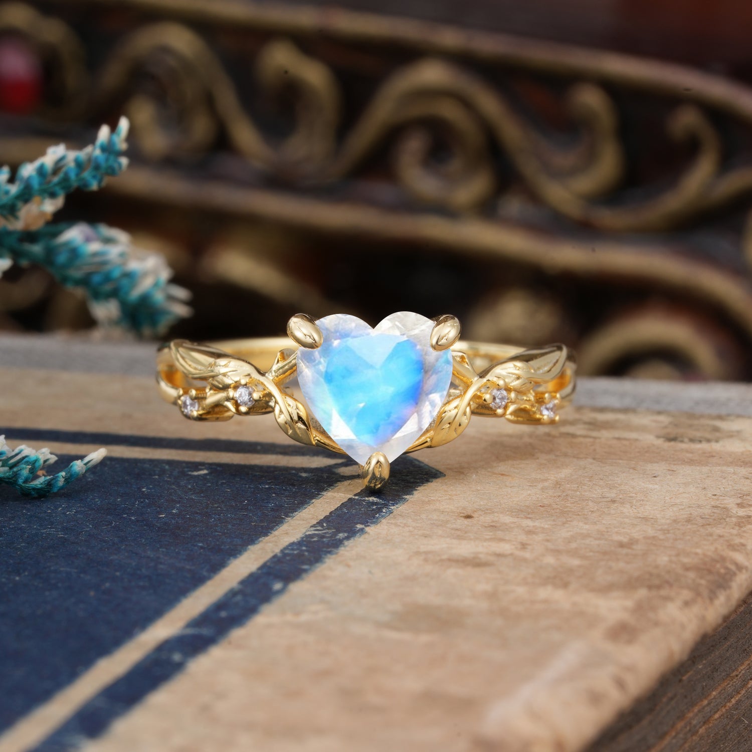 Classic Nature-Inspired 3-Prong Heart-Shaped Moonstone Engagement Ring - Romalar Jewelry