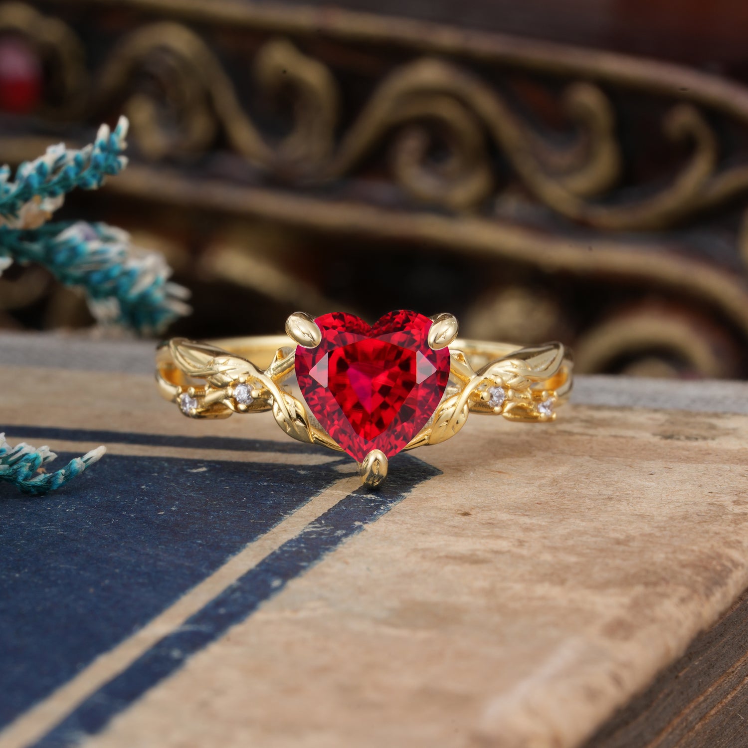 Classic Nature-Inspired 3-Prong Heart-Shaped Ruby Engagement Ring