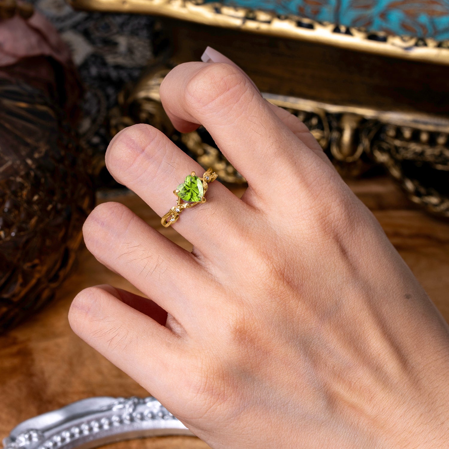 Classic Nature-Inspired 3-Prong Heart-Shaped Peridot Engagement Ring