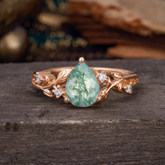 Luxury Nature-Inspired 3-Prong Pear-Cut Natural Moss Agate Engagement Ring