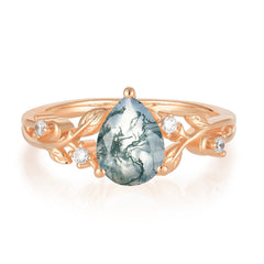 Luxury Nature-Inspired 3-Prong Pear-Cut Natural Moss Agate Engagement Ring