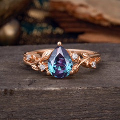 Luxury Nature-Inspired 3-Prong Pear-Cut Alexandrite Engagement Ring