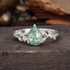 Luxury Nature-Inspired 3-Prong Pear-Cut Natural Moss Agate Engagement Ring