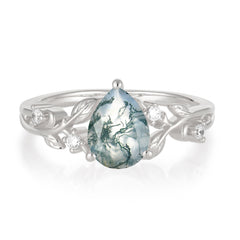 Luxury Nature-Inspired 3-Prong Pear-Cut Natural Moss Agate Engagement Ring