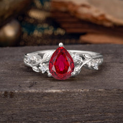 Luxury Nature-Inspired 3-Prong Pear-Cut Ruby Engagement Ring
