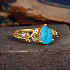 Luxury Nature-Inspired 3-Prong Pear-Cut Turquoise Engagement Ring