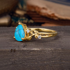Luxury Nature-Inspired 3-Prong Pear-Cut Turquoise Engagement Ring