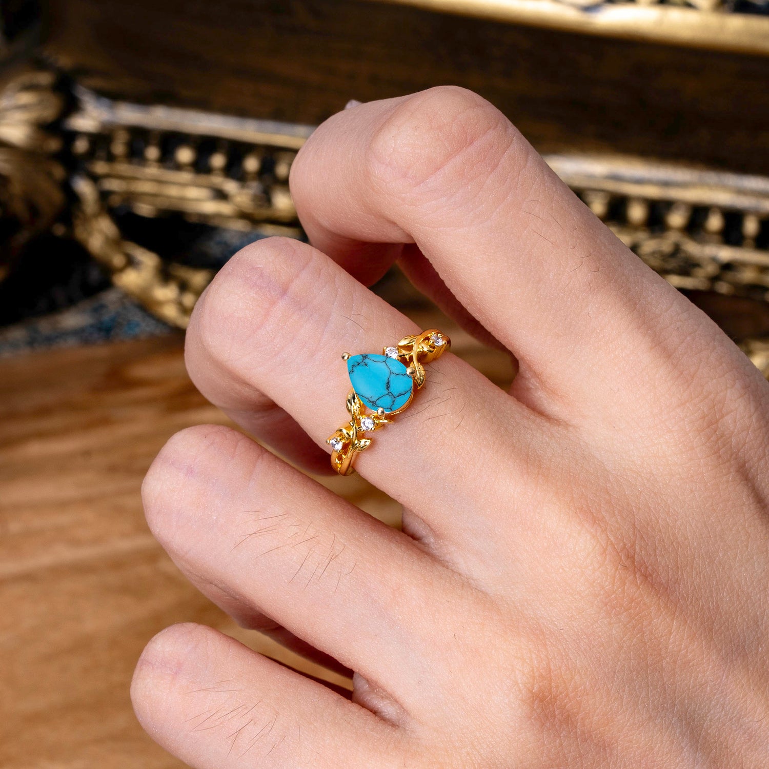 Luxury Nature-Inspired 3-Prong Pear-Cut Turquoise Engagement Ring