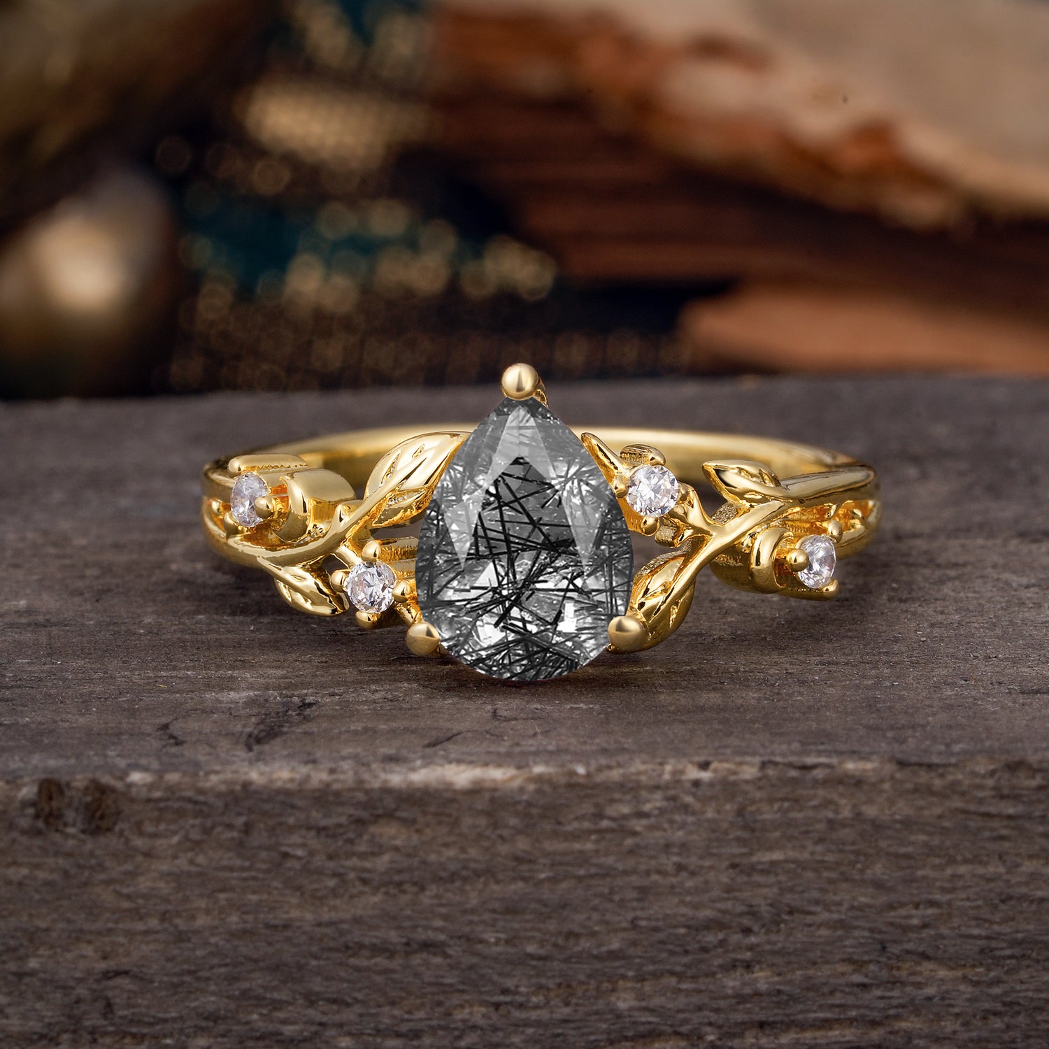 Luxury Nature-Inspired 3-Prong Pear-Cut Black Rutilated Quartz Engagement Ring