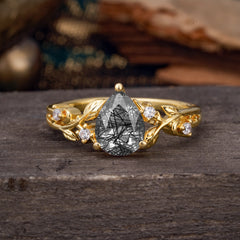Luxury Nature-Inspired 3-Prong Pear-Cut Black Rutilated Quartz Engagement Ring