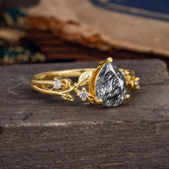 Luxury Nature-Inspired 3-Prong Pear-Cut Black Rutilated Quartz Engagement Ring