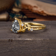 Luxury Nature-Inspired 3-Prong Pear-Cut Black Rutilated Quartz Engagement Ring