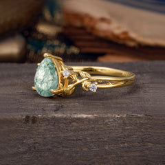 Luxury Nature-Inspired 3-Prong Pear-Cut Natural Moss Agate Engagement Ring
