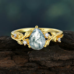 Luxury Nature-Inspired 3-Prong Pear-Cut Natural Moss Agate Engagement Ring