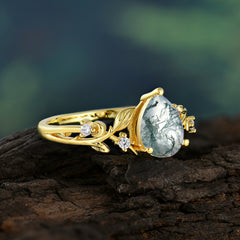 Luxury Nature-Inspired 3-Prong Pear-Cut Natural Moss Agate Engagement Ring