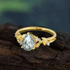 Luxury Nature-Inspired 3-Prong Pear-Cut Natural Moss Agate Engagement Ring