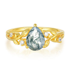Luxury Nature-Inspired 3-Prong Pear-Cut Natural Moss Agate Engagement Ring