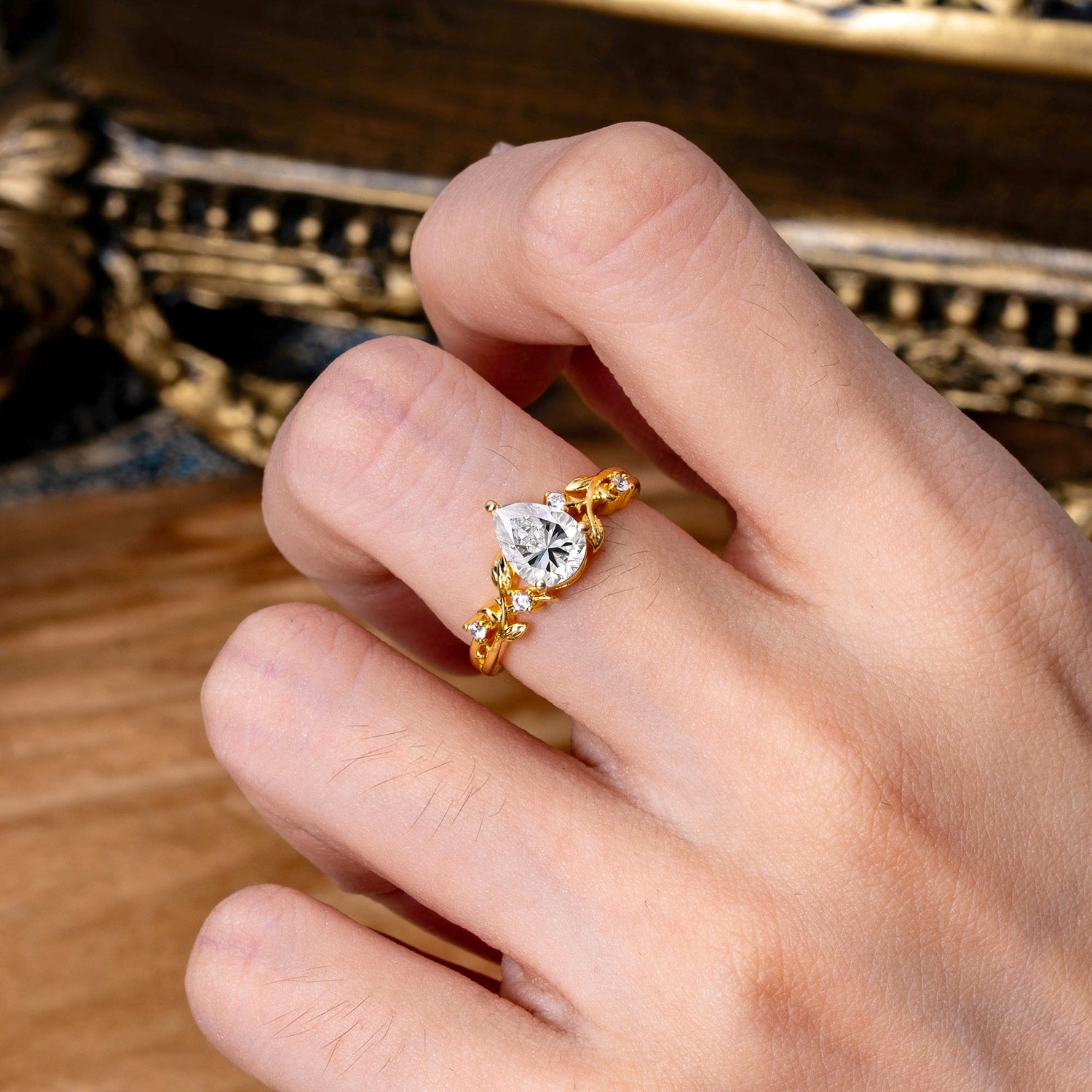 Luxury Nature-Inspired 3-Prong Pear-Cut Lab Diamond Engagement Ring
