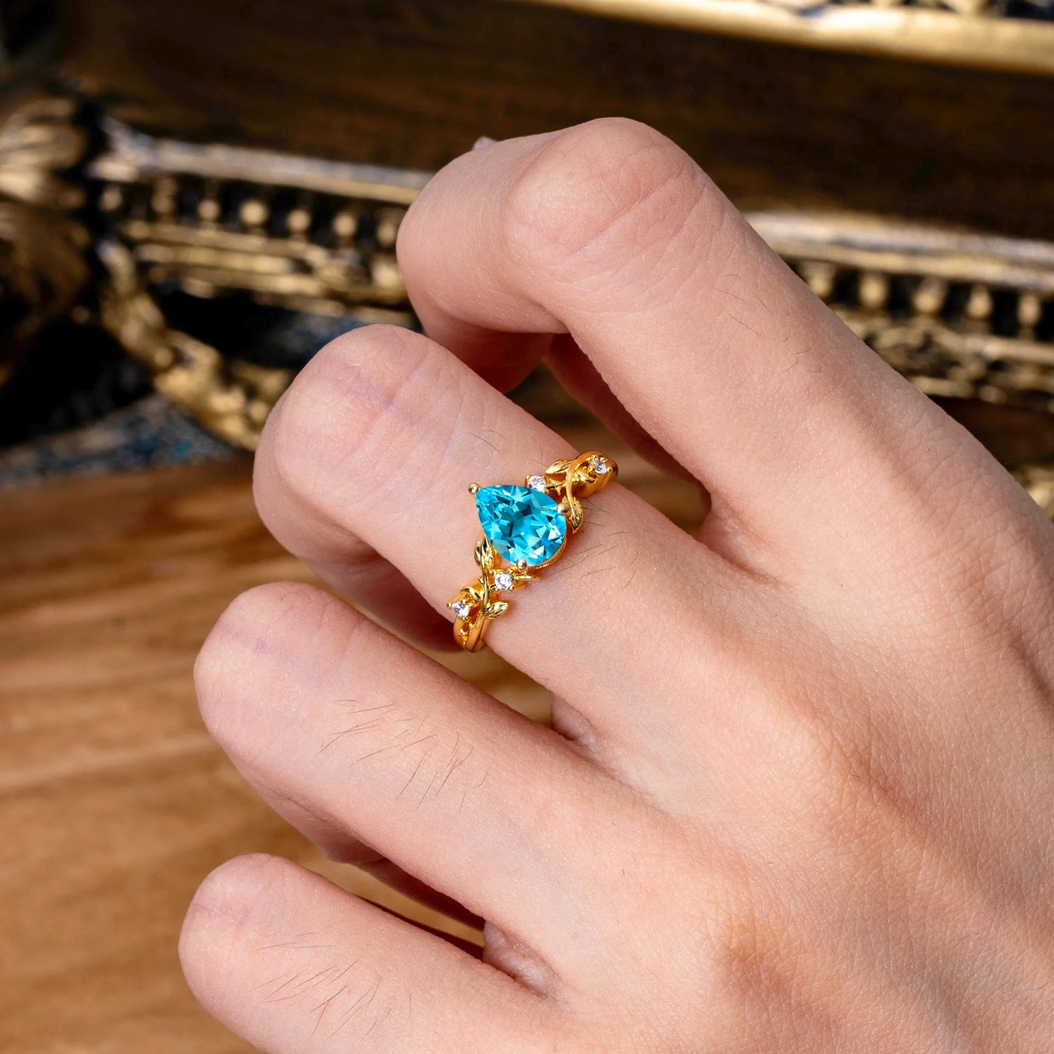 Luxury Nature-Inspired 3-Prong Pear-Cut Aquamarine Engagement Ring