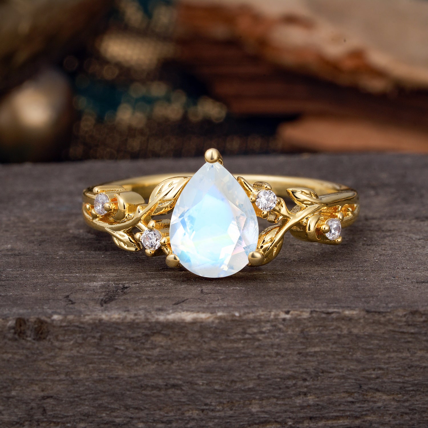 Luxury Nature-Inspired 3-Prong Pear-Cut Moonstone Engagement Ring