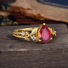 Luxury Nature-Inspired 3-Prong Pear-Cut Ruby Engagement Ring