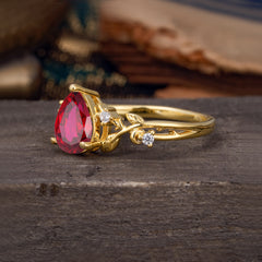 Luxury Nature-Inspired 3-Prong Pear-Cut Ruby Engagement Ring
