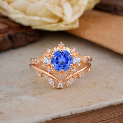 Fashion-Exquisite 6-Prong Round-Cut Sapphire Engagement Ring Set