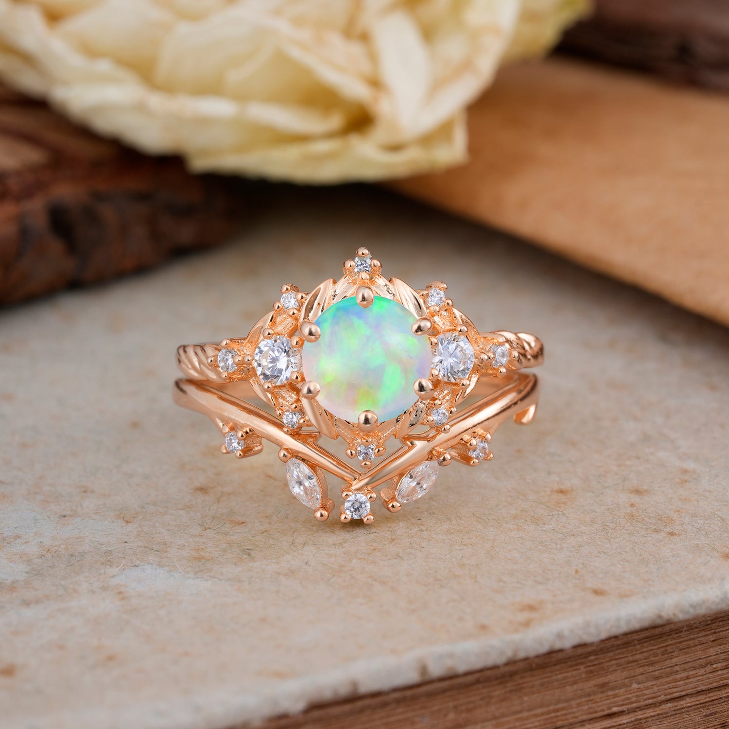 Fashion-Exquisite 6-Prong Round-Cut Opal Bridal Ring Set