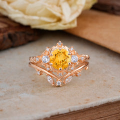 Fashion-Exquisite 6-Prong Round-Cut Natural Citrine Engagement Ring Set